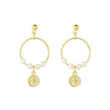 Load image into Gallery viewer, Coin and Pearls Gold Hoop Earnings
